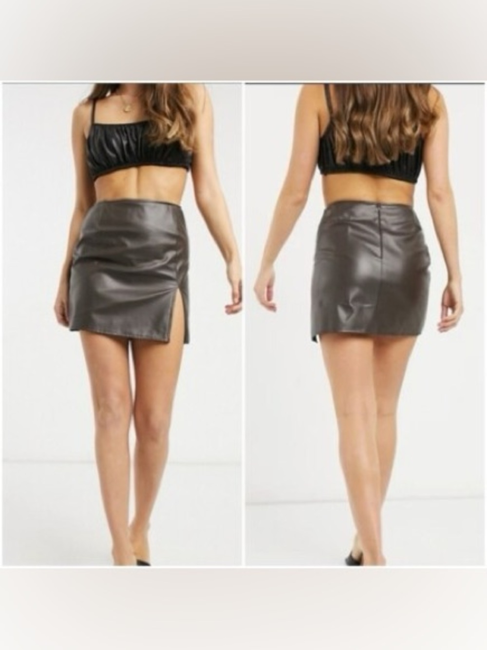 Motel Rocks Faux Leather Mini Skirt in Dark Brown with Side Slit - Small